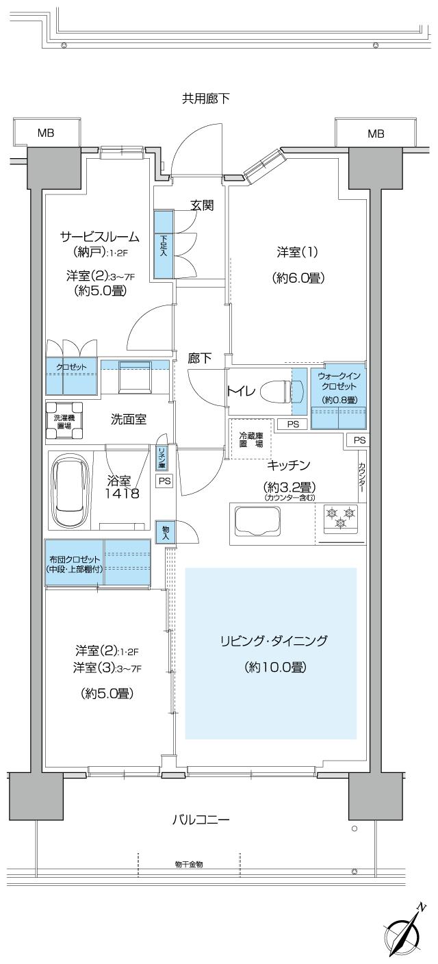 サンリヤン横浜二俣川の間取り図　B2(1・2F)：2LDK+S+WIC+FC