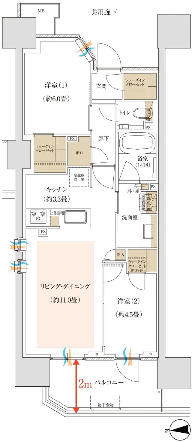 バウス北綾瀬タワーの間取り図　B：2LDK+2WIC+SIC+N