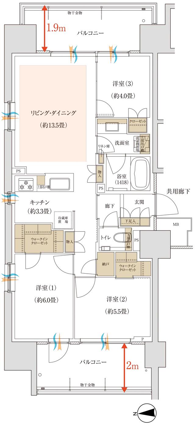 バウス北綾瀬タワーの間取り図　Ab：3LDK+2WIC+N
