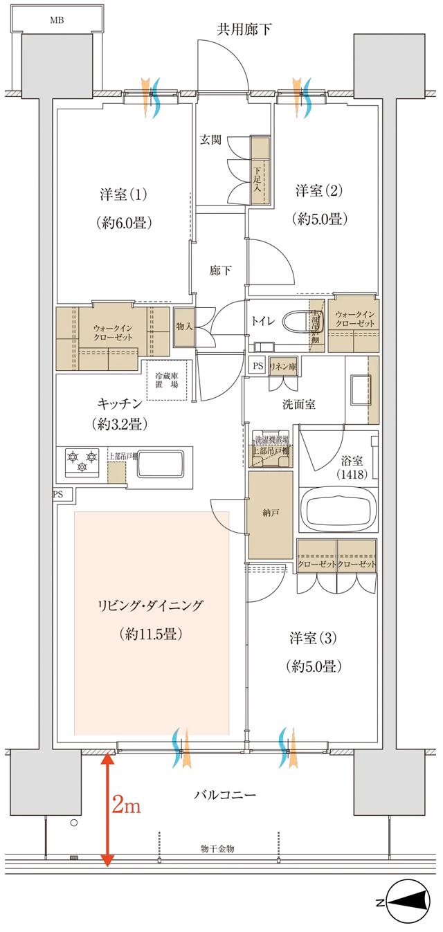 バウス北綾瀬タワーの間取り図　D1：3LDK+2WIC+N
