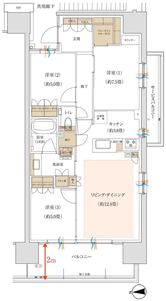 バウス北綾瀬タワーの間取り図　E：3LDK+WIC+N