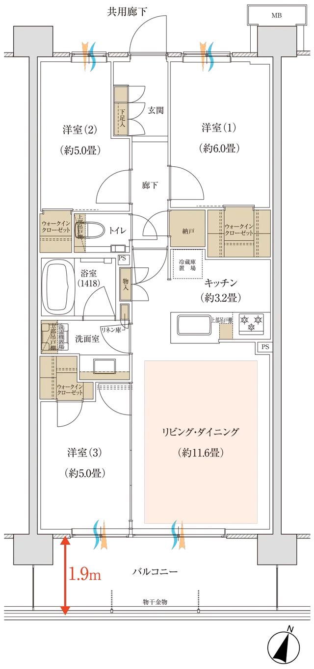 バウス北綾瀬タワーの間取り図　G2：3LDK+3WIC+N