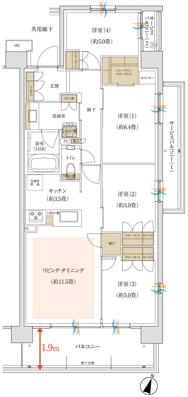 バウス北綾瀬タワーの間取り図　I：4LDK+WIC+N