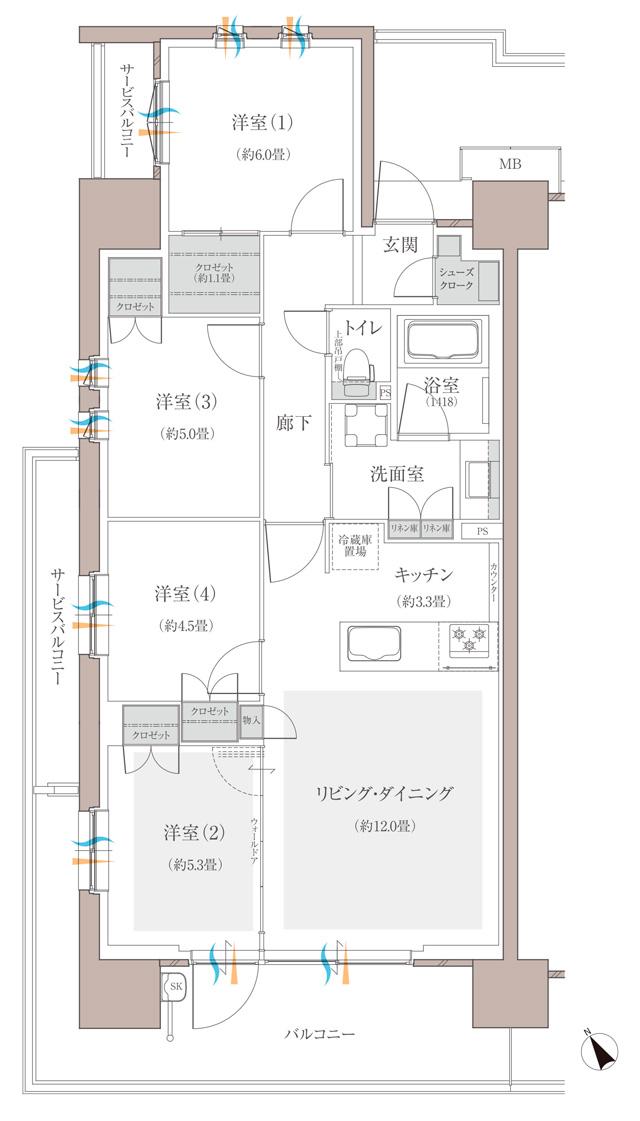 多摩川シーズンズの間取り図　C45：4LDK+SC