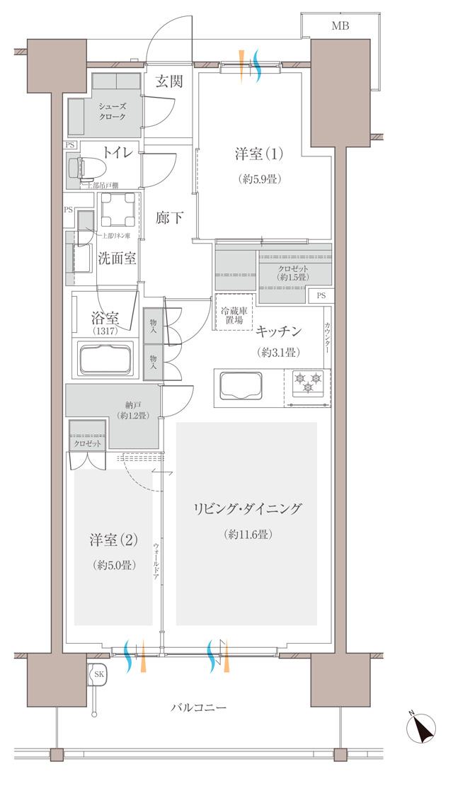 多摩川シーズンズの間取り図　C42：2LDK+N+SC