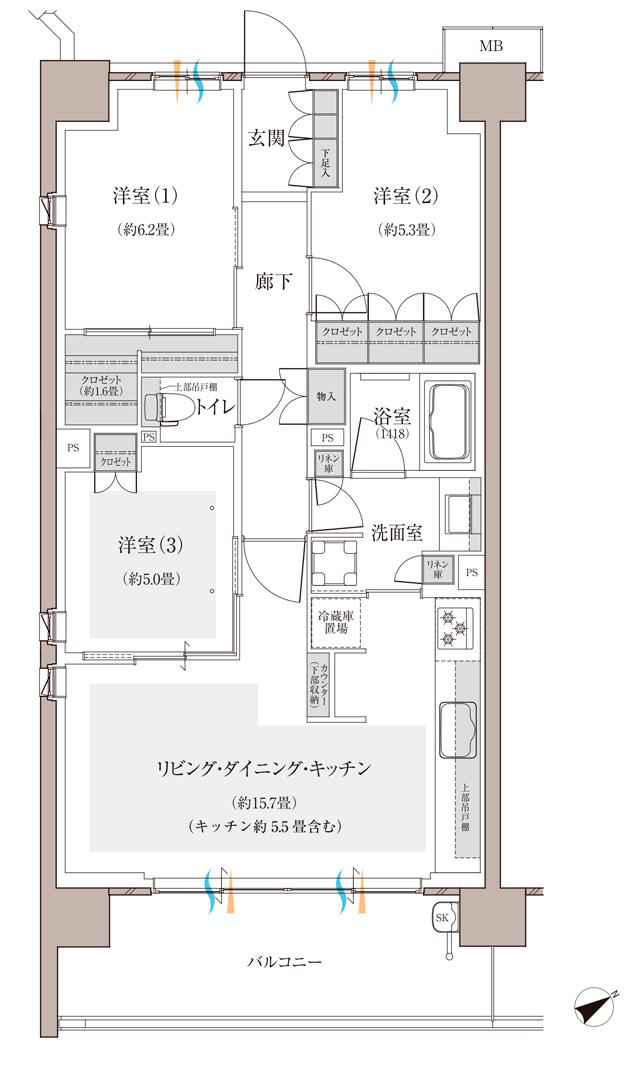 多摩川シーズンズの間取り図　C22：3LDK