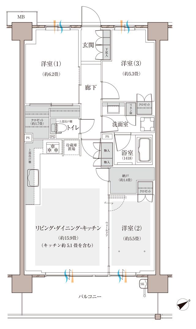 多摩川シーズンズの間取り図　C23：3LDK+N