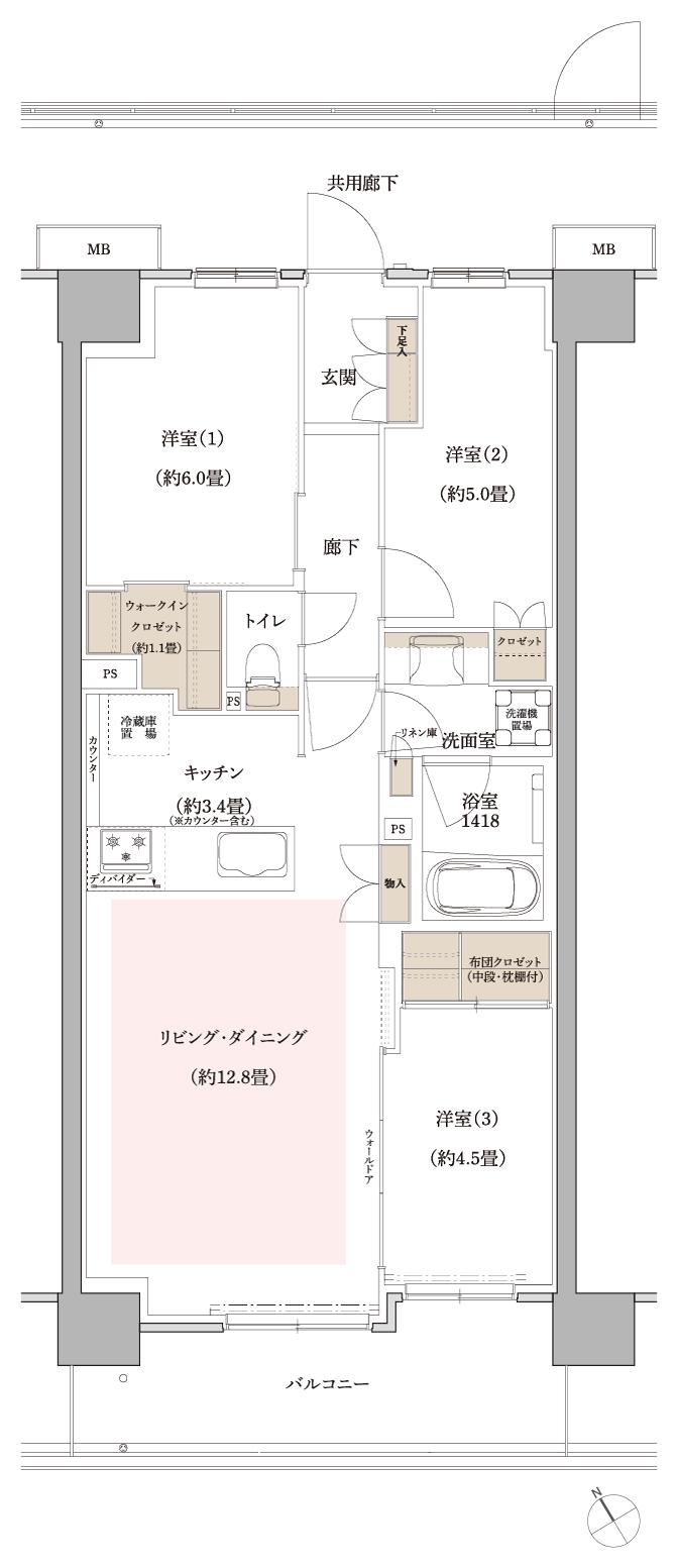サンリヤン相模原カームヴィラの間取り図　C1：3LDK+WIC