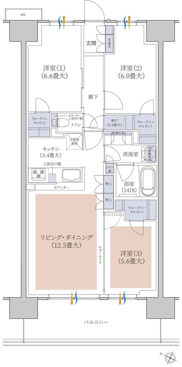 ブランズシティ千葉ニュータウン中央の間取り図　WE：3LDK+3WIC+N