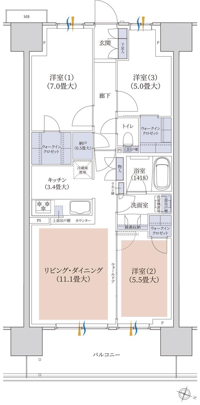 ブランズシティ千葉ニュータウン中央の間取り図　EB：3LDK+3WIC+N