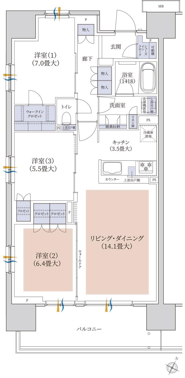 ブランズシティ千葉ニュータウン中央の間取り図　SA：3LDK+WIC+SIC