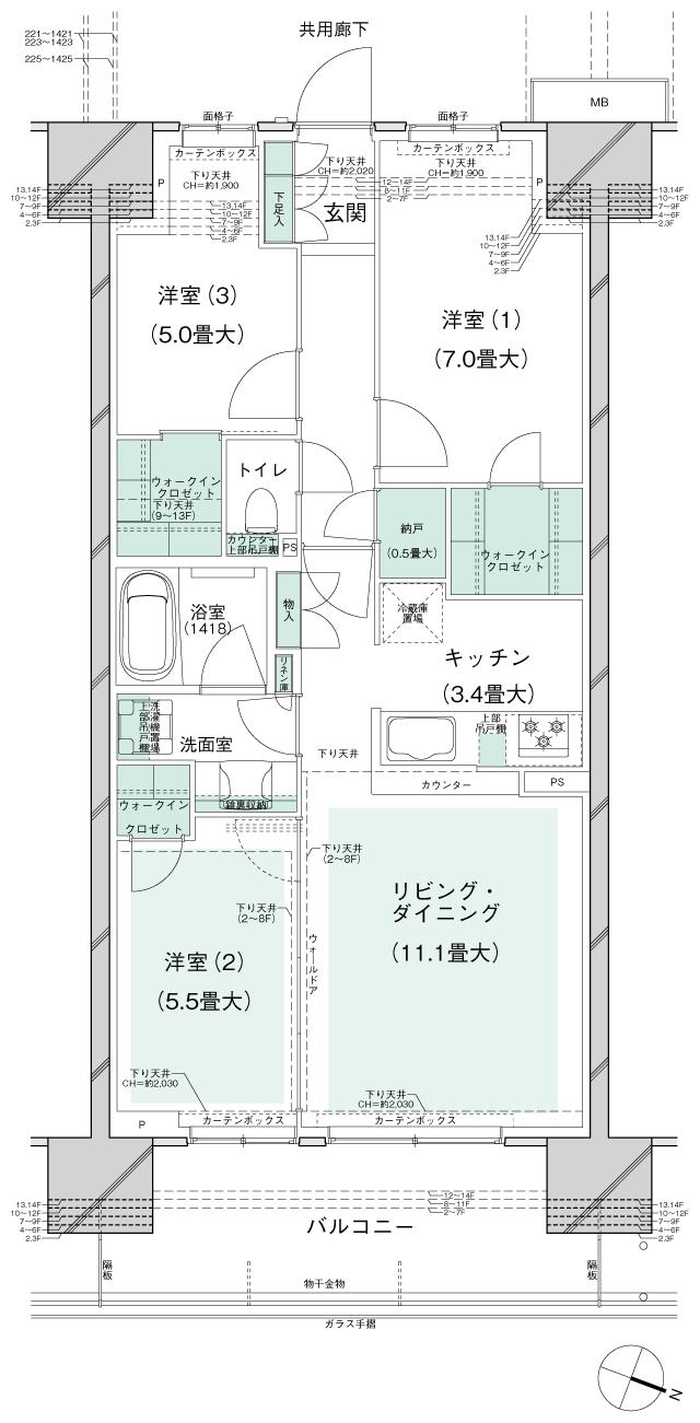 ブランズシティ千葉ニュータウン中央の間取り図　EBr：3LDK+3WIC+N