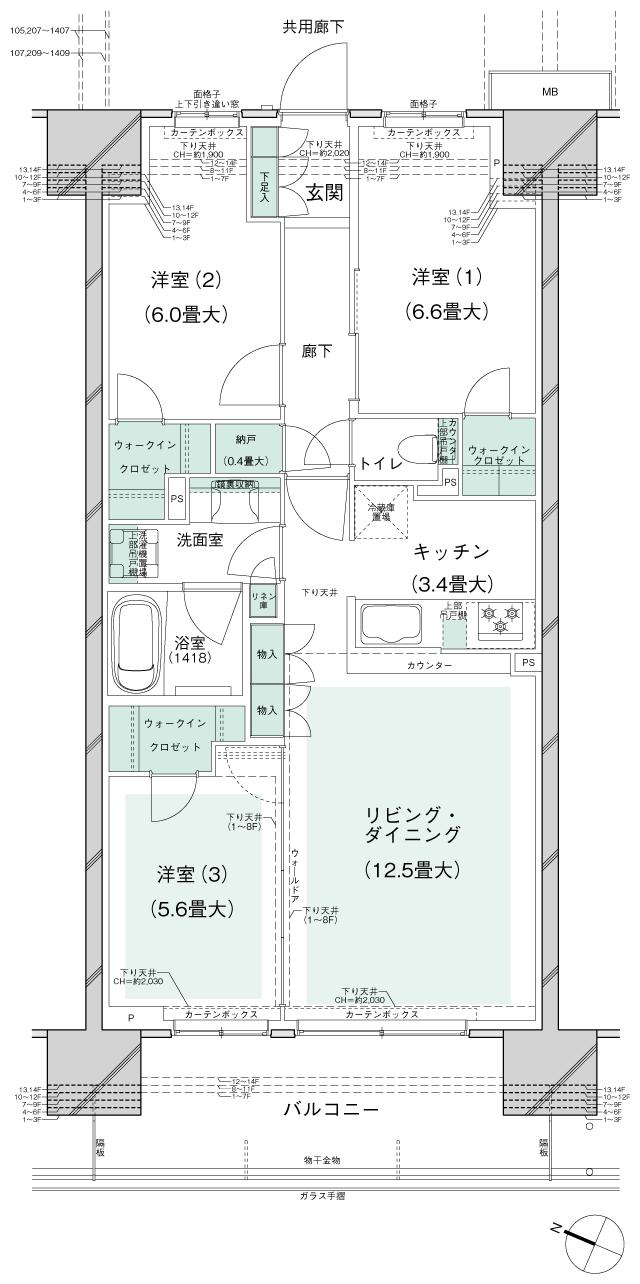 ブランズシティ千葉ニュータウン中央の間取り図　WEr：3LDK+3WIC+N