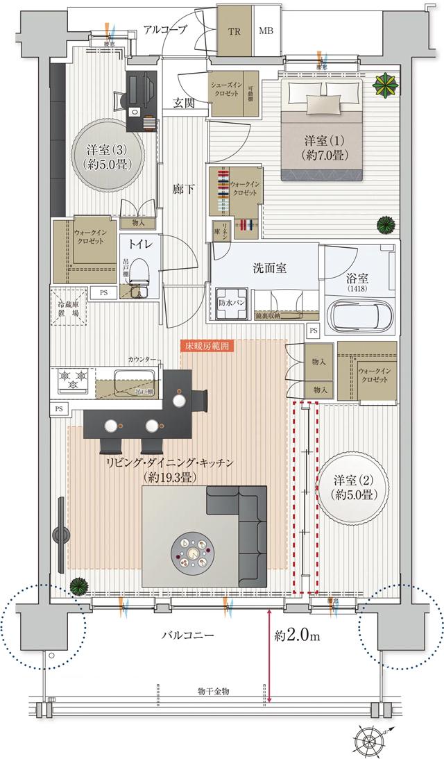 ノブレス宇都宮西の間取り図　C(ｍ2)：3LDK+3WIC+SIC