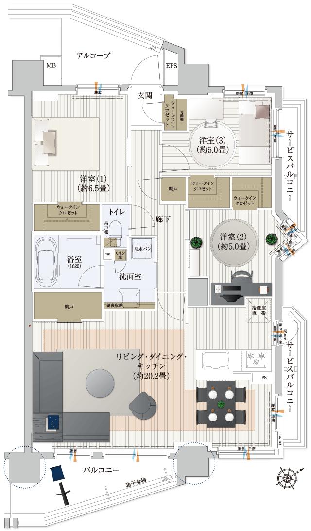 ノブレス宇都宮西の間取り図　D(m3)：3LDK+3WIC+SIC