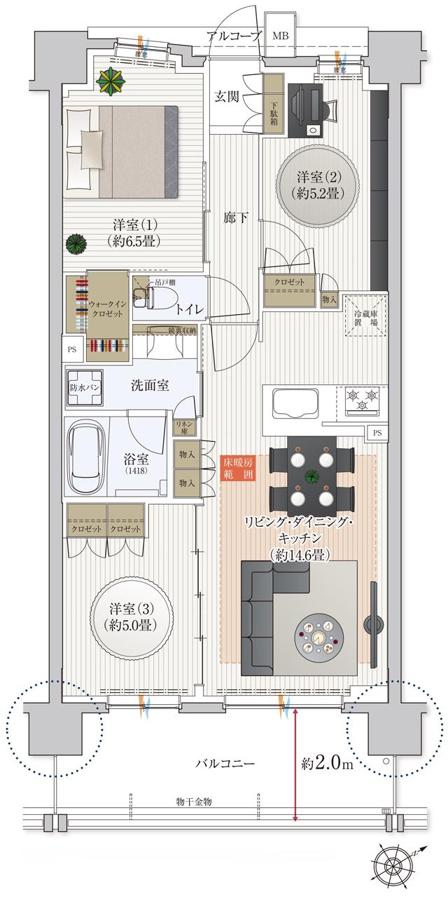 ノブレス宇都宮西の間取り図　B：3LDK