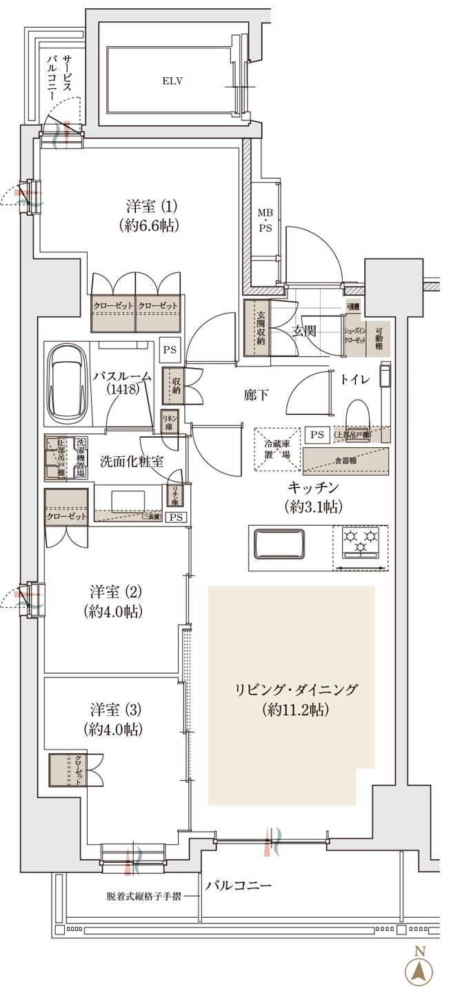 アトラス亀戸レジデンスの間取り図　A1：3LDK+SIC