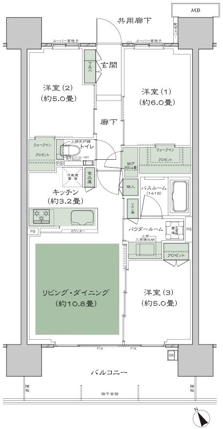 シティテラス南砂の間取り図　A6：3LDK+N(納戸)+2WIC(ウォークインクロゼット)