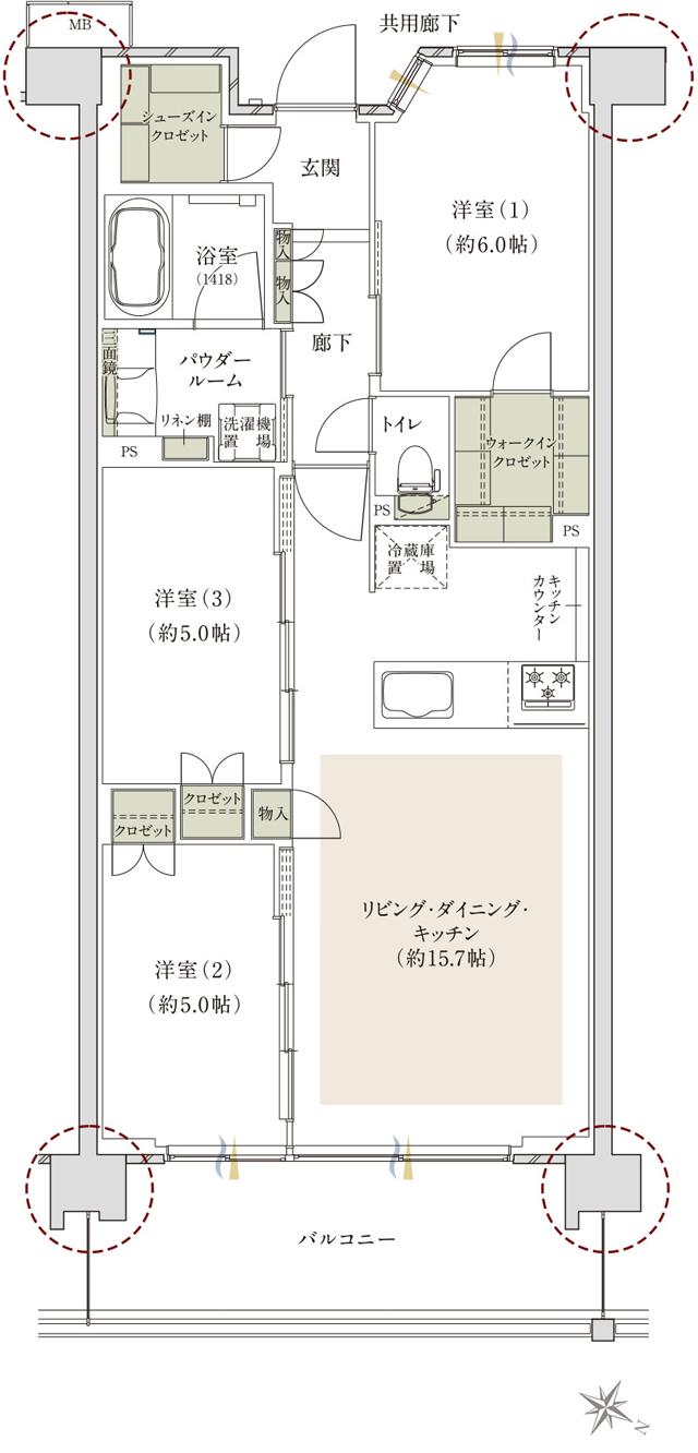 ファインシティ大宮公園の間取り図　P：3LDK+WIC+SIC