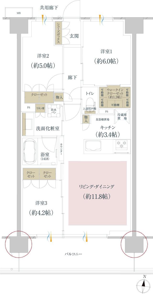 プレディア流山運河ステーションフロントの間取り図　J2：3LDK+WIC