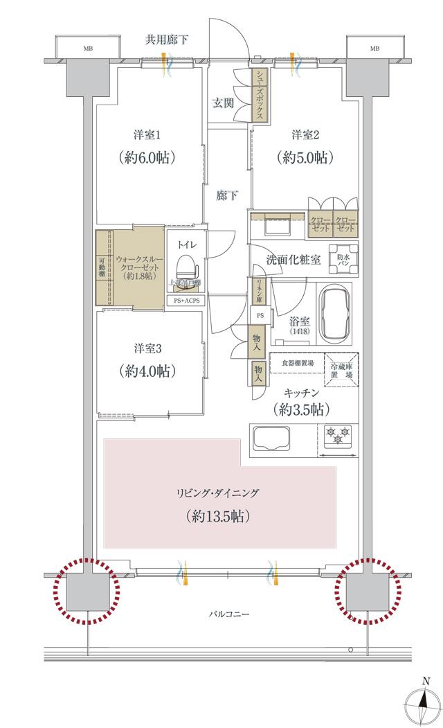 プレディア流山運河ステーションフロントの間取り図　K5：3LDK+WTC