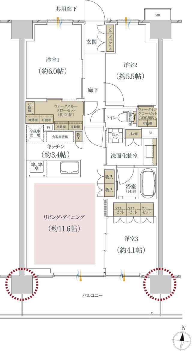 プレディア流山運河ステーションフロントの間取り図　K3：3LDK+WIC+WTC