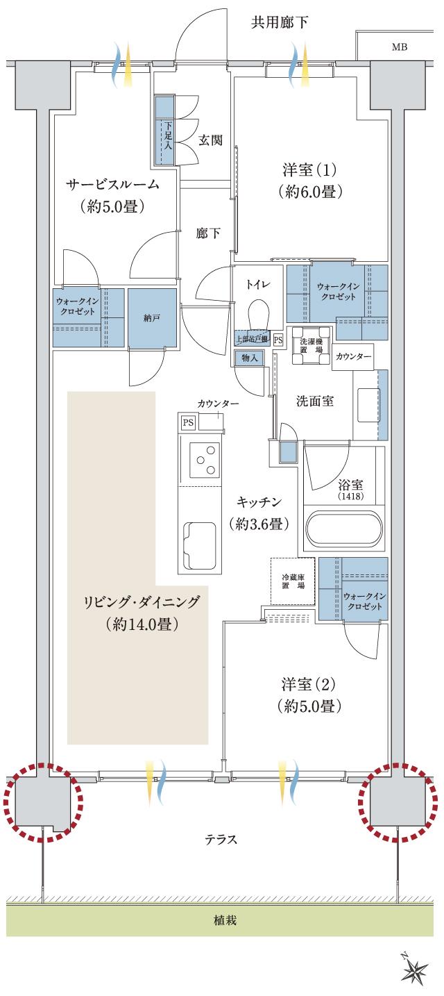 バウス習志野 mimomiの丘の間取り図　Ct：2LDK+S+3WIC+N