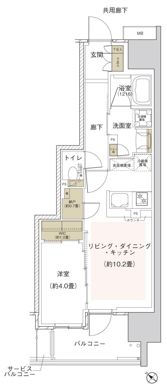 プライム横須賀中央の間取り図　C2：1LDK+WIC+N