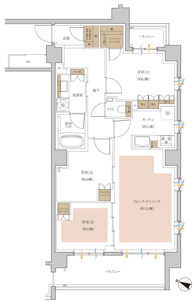 アネシア志木本町の間取り図　C：3LDK+WIC+SIC