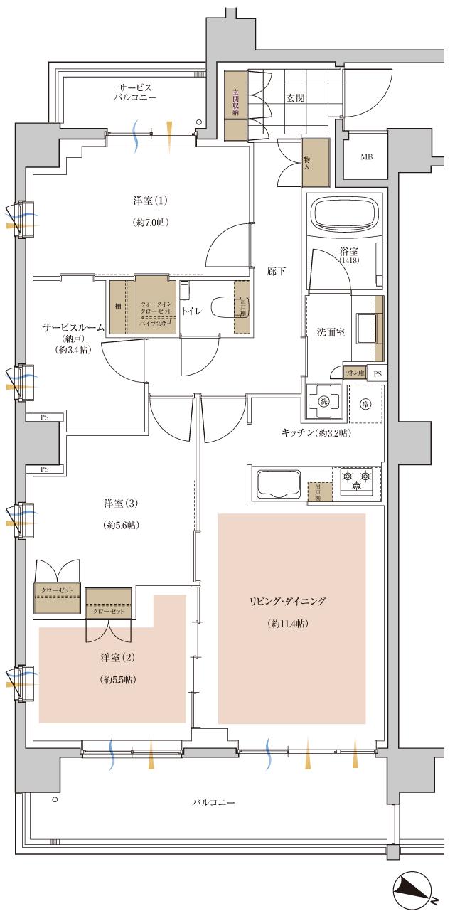 アネシア志木本町の間取り図　F：3LDK+WIC+サービスルーム(納戸)