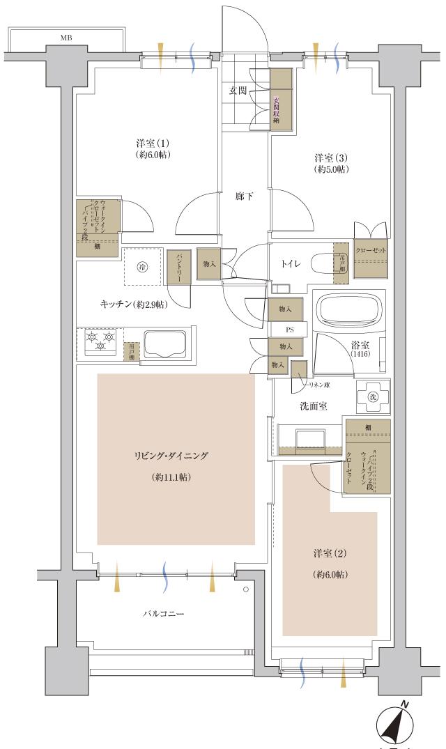 アネシア志木本町の間取り図　E：3LDK+2WIC