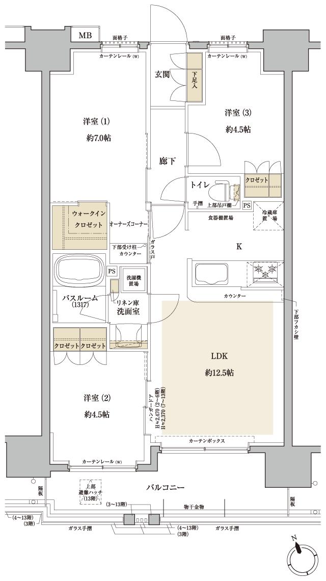 ブリシア浅草VI GRAND COURTの間取り図　C(3LDK)：3LDK+WIC+O