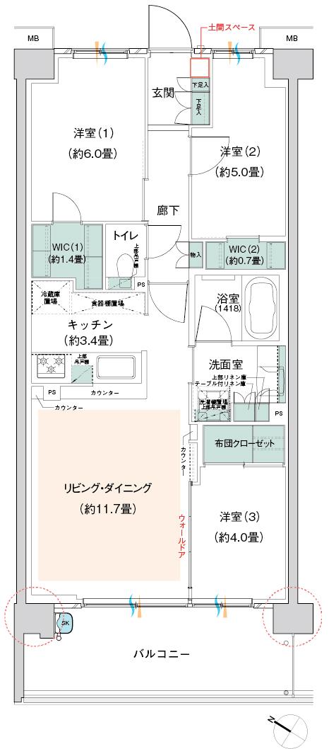 プライム横浜岸谷の間取り図　R：3LDK+2WIC+FC