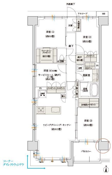 デュオヒルズ蘇我ザ・スカイの間取り図　G1(4～7F)：3LDK+S(納戸)+WIC+FC