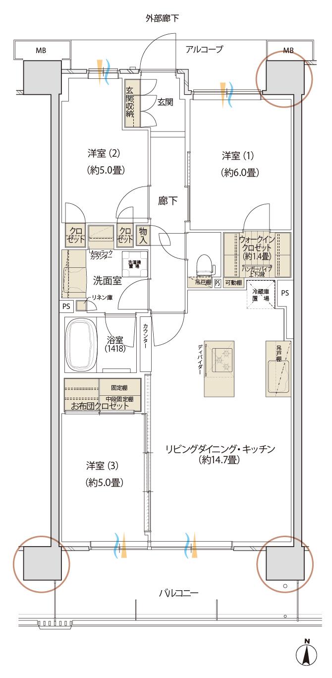 デュオヒルズ蘇我ザ・スカイの間取り図　C9(f)：3LDK+WIC+FC