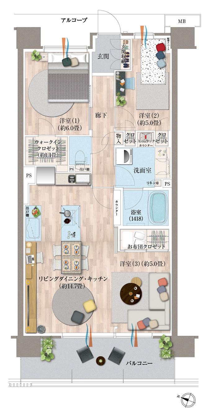 デュオヒルズ蘇我ザ・スカイの間取り図　C6(f)：3LDK+WIC+FC
