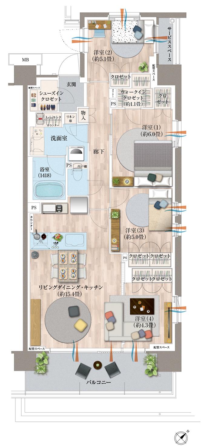 デュオヒルズ蘇我ザ・スカイの間取り図　A2：4LDK+WIC+SIC
