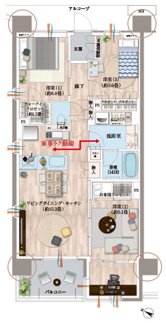 デュオヒルズ蘇我ザ・スカイの間取り図　F2(re)：3LDK+WIC+Re:Room+FC