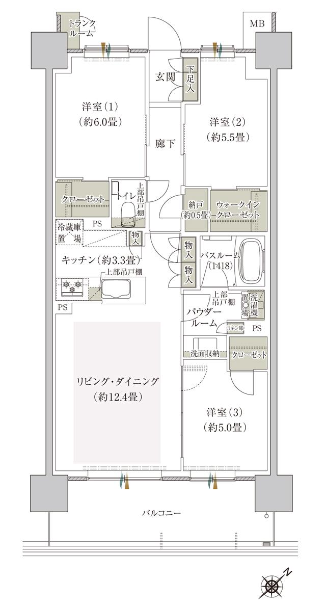 プレミスト鶴見花月総持寺ステーションフロントの間取り図　AI：3LDK+WIC+N(納戸)