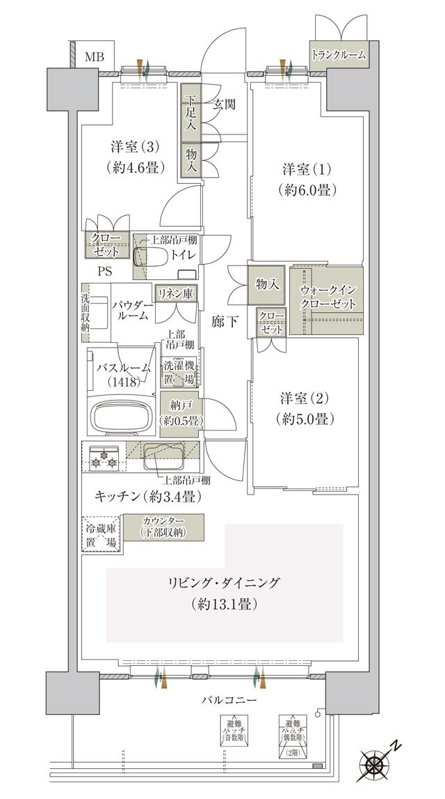 プレミスト鶴見花月総持寺ステーションフロントの間取り図　BF：3LDK+WIC+N(納戸)