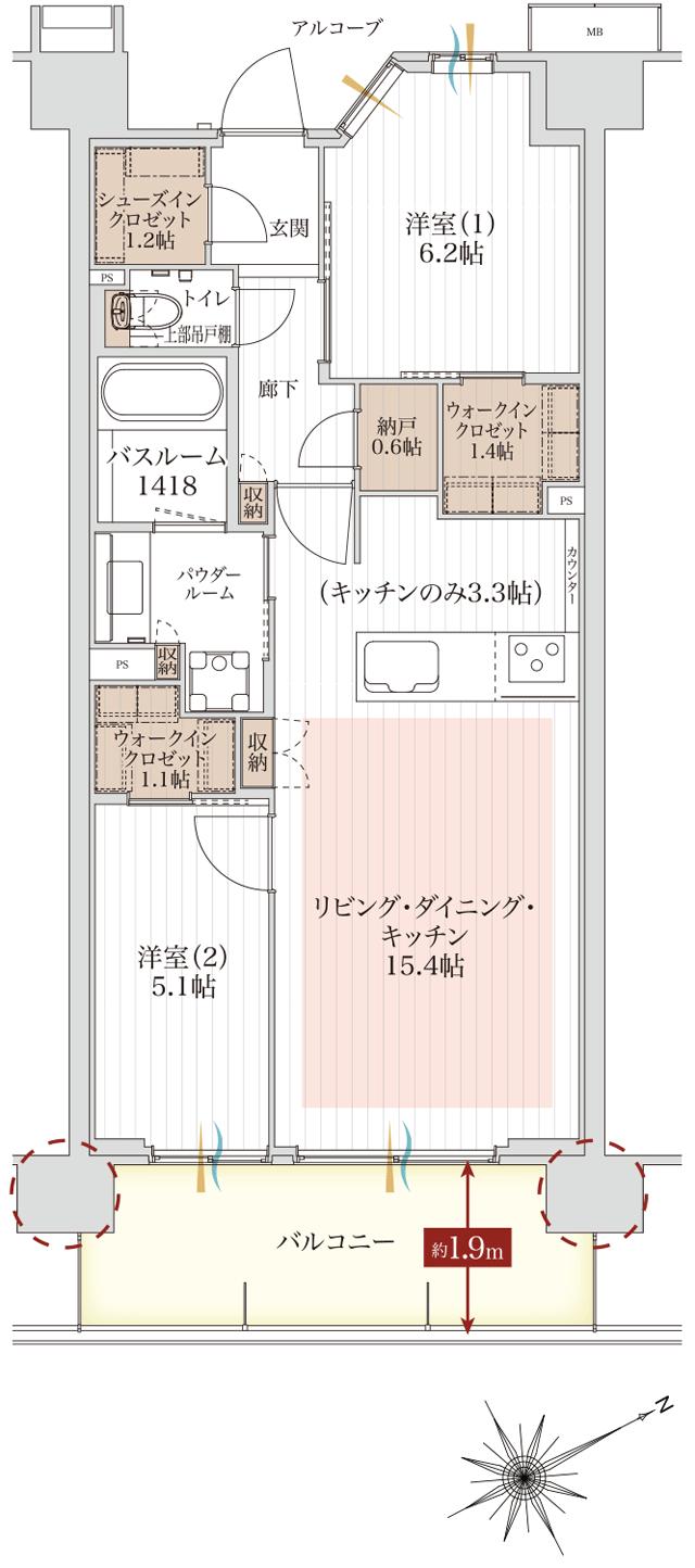 アルファステイツ市川下総中山の間取り図　F：2LDK+SIC+2WIC+N