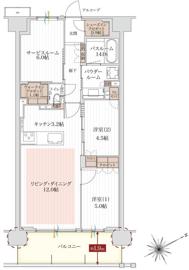 アルファステイツ市川下総中山の間取り図　G（2～7階）：2LDK+S+SIC+WIC
