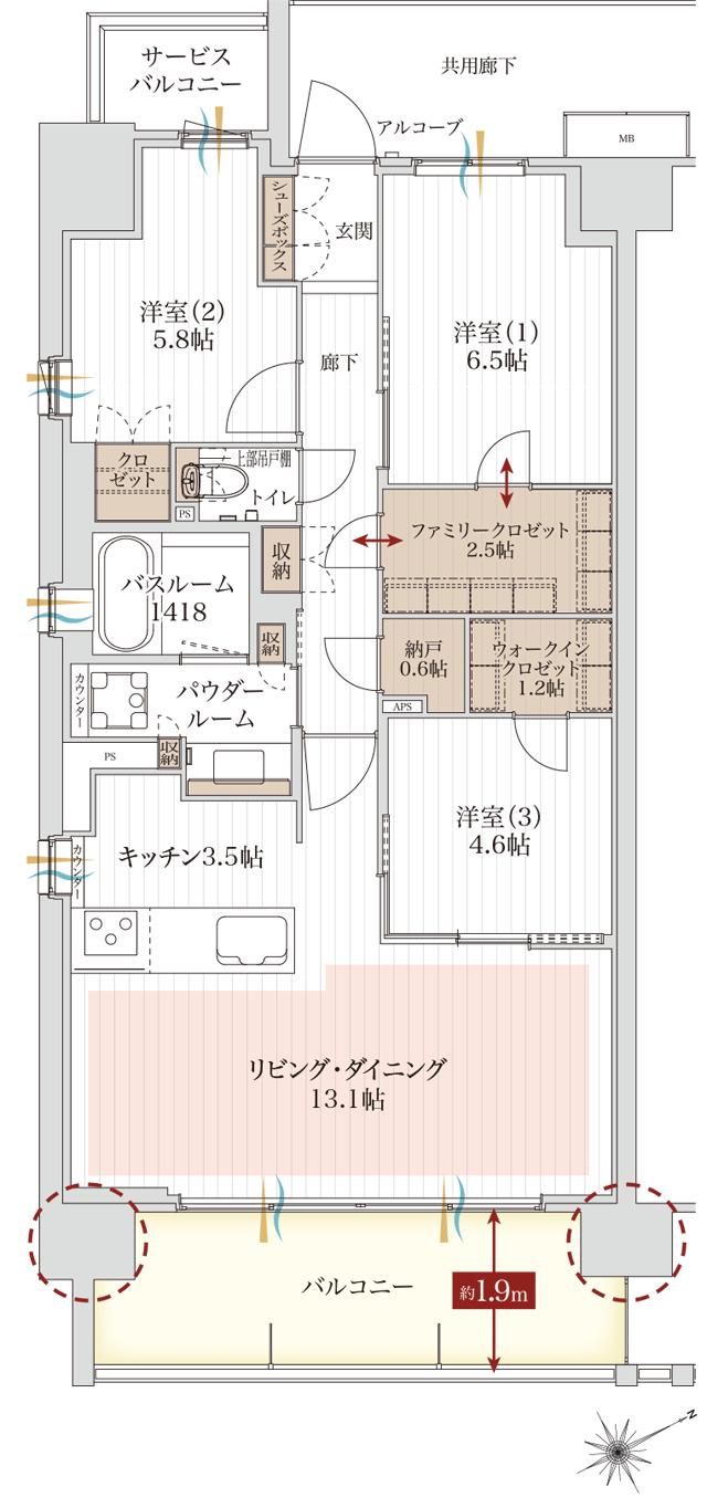 アルファステイツ市川下総中山の間取り図　D：3LDK+WIC+FC+N