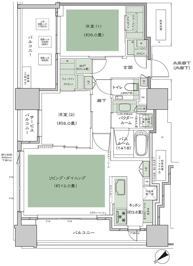 シティタワー虎ノ門の間取り図　J：2LDK+N(納戸)+2WIC(ウォークインクロゼット)+SIC(シューズインクロゼット)