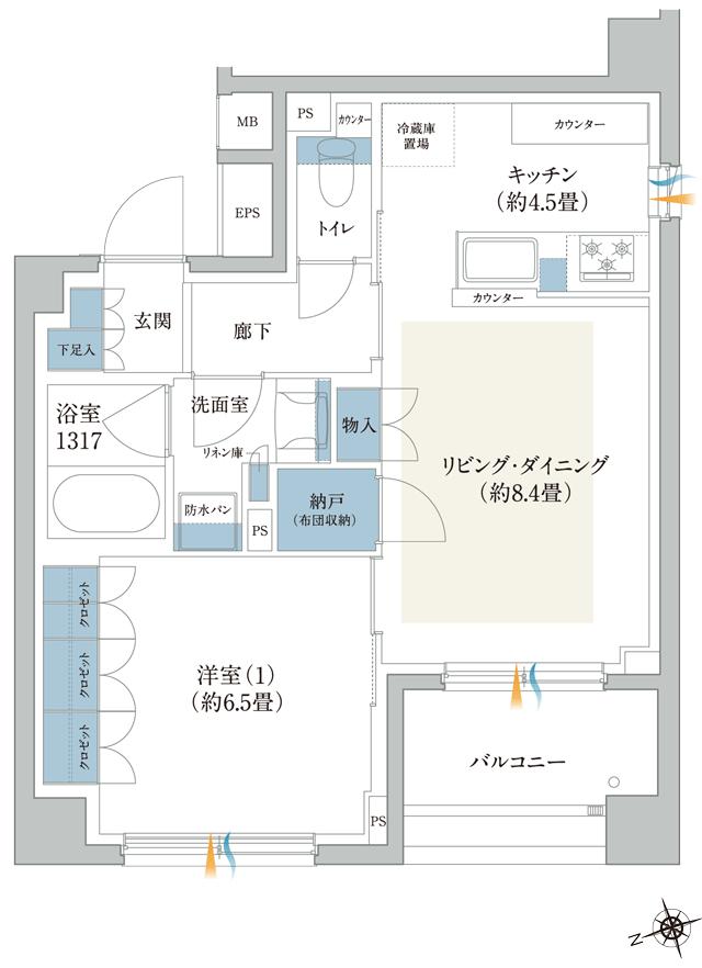 ルネ横浜山手の間取り図　E：1LDK+N