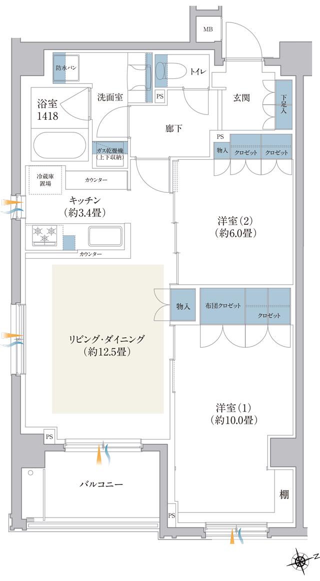 ルネ横浜山手の間取り図　C：2LDK