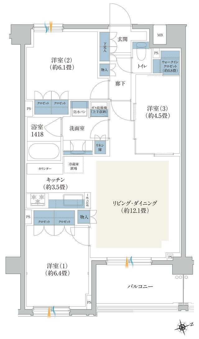ルネ横浜山手の間取り図　B：3LDK+WIC