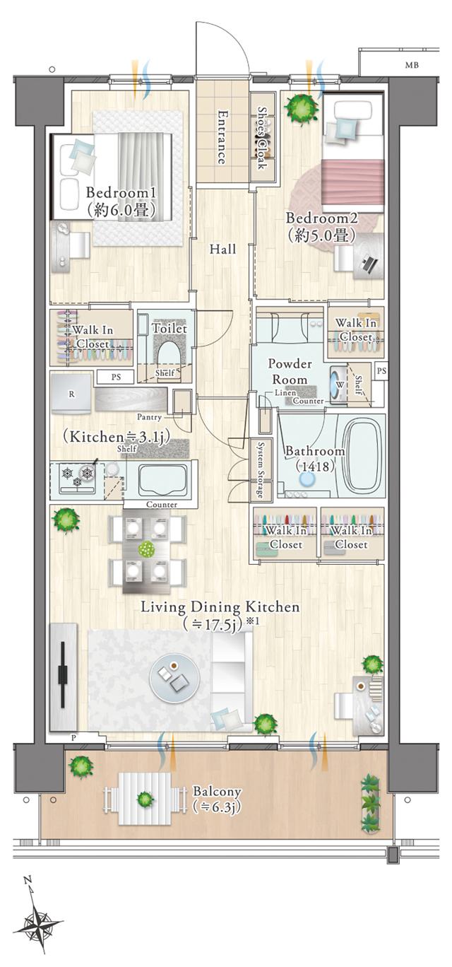 エクセレントシティ多摩永山の間取り図　S70-E2(SELECT PLAN)：2LDK+3WIC