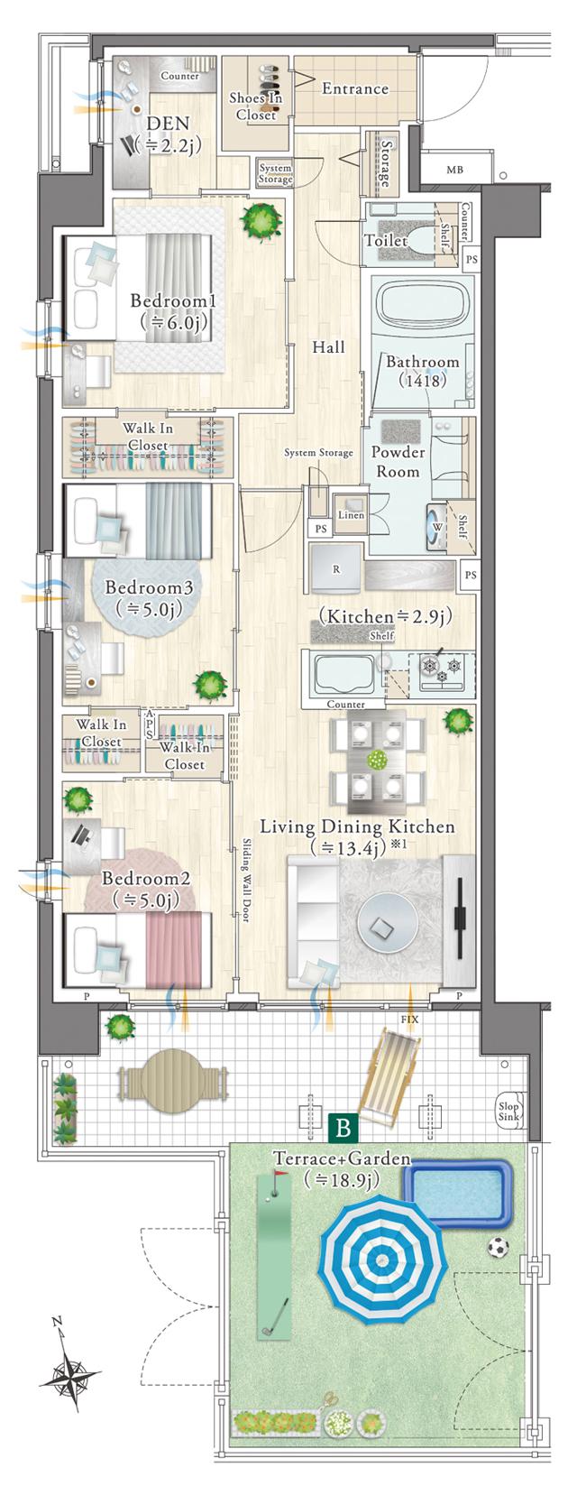 エクセレントシティ多摩永山の間取り図　S80-Dg：3LDK+DEN(書斎)+3WIC+ST+SIC