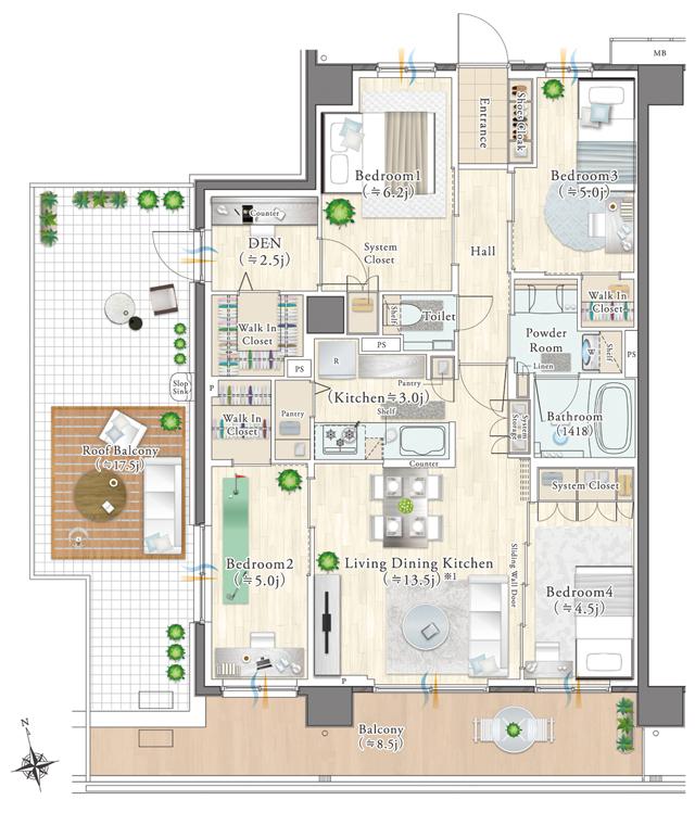 エクセレントシティ多摩永山の間取り図　S80-Rr：4LDK+DEN(書斎)+3WIC